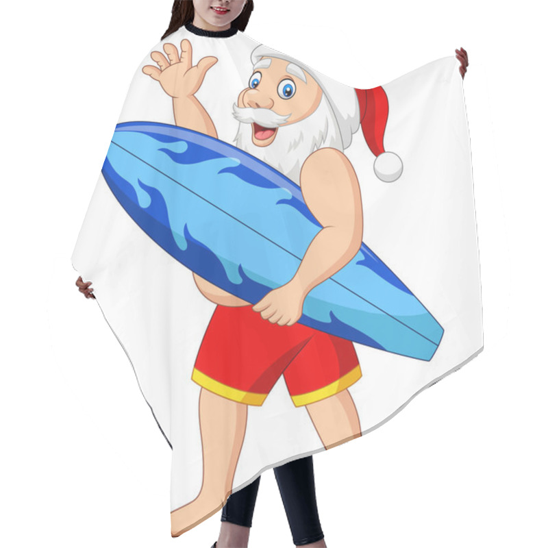 Personality  Vector Illustration Of Cartoon Santa Claus Holding A Surfboard Waving Hand Hair Cutting Cape