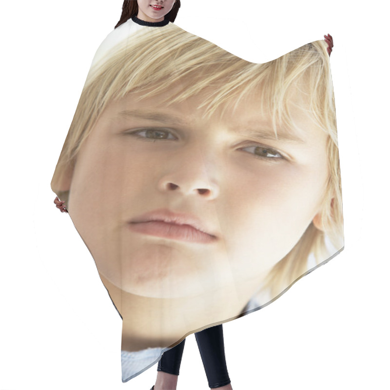 Personality  Portrait Of Young Boy Frowning Hair Cutting Cape