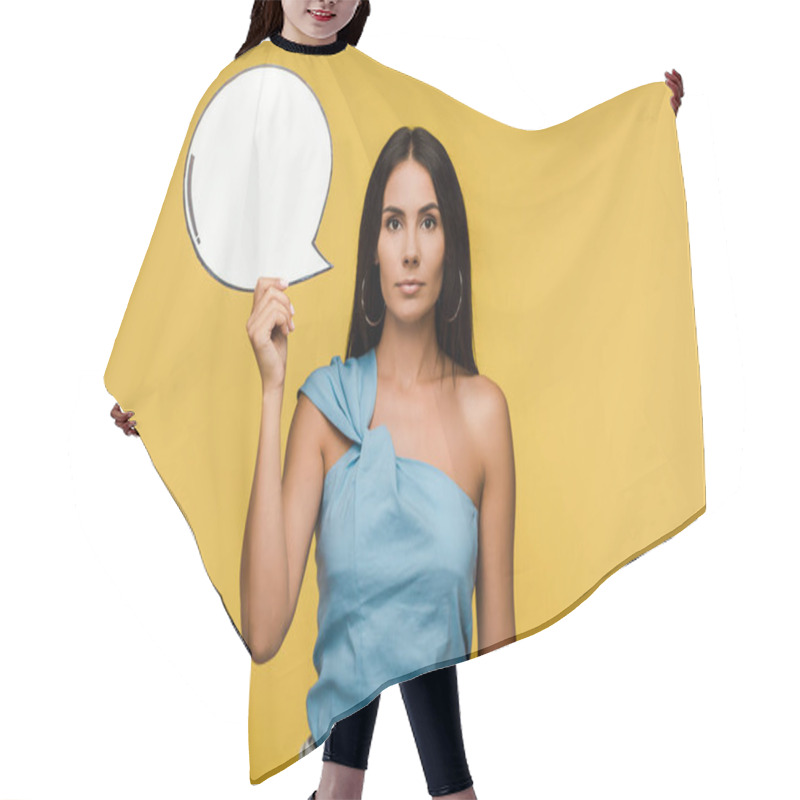 Personality  Attractive Girl Holding Blank Speech Bubble Isolated On Orange  Hair Cutting Cape