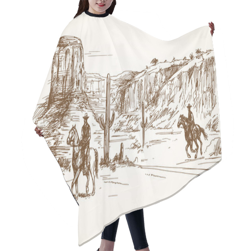 Personality  American Wild West Desert With Cowboys - Hand Drawn Illustration Hair Cutting Cape