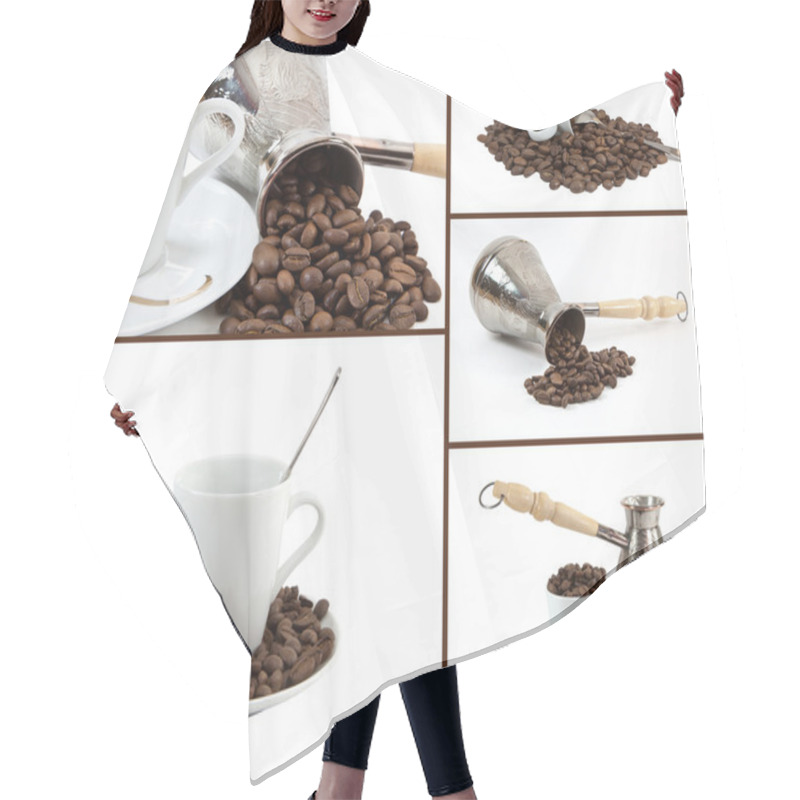 Personality  Collage Coffee Make, Coffee Grains, Cup Of Coffee On White Backg Hair Cutting Cape