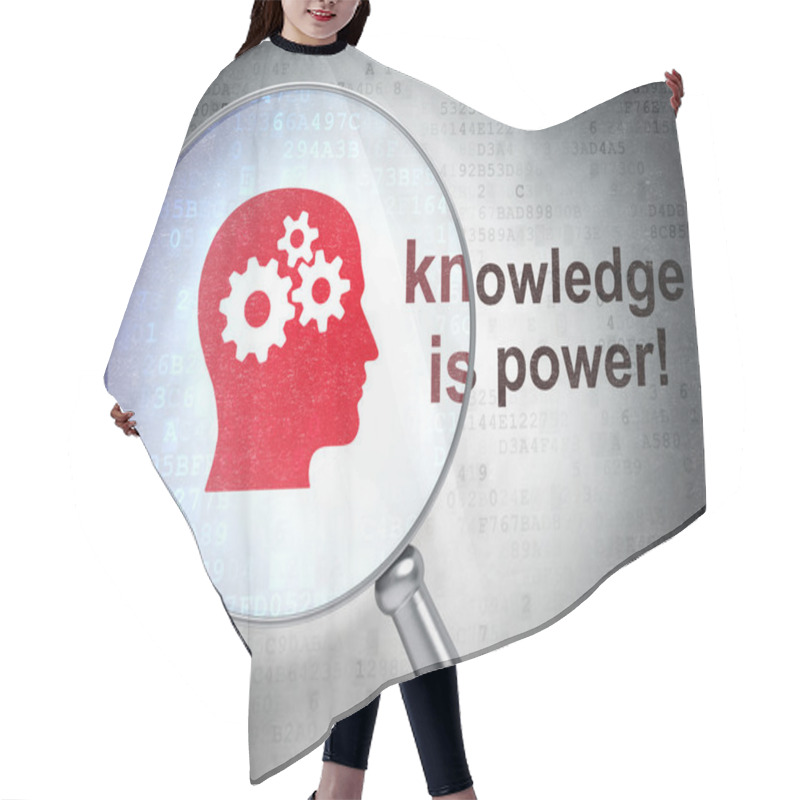 Personality  Education Concept: Head With Gears And Knowledge Is Power! With Optical Glass Hair Cutting Cape