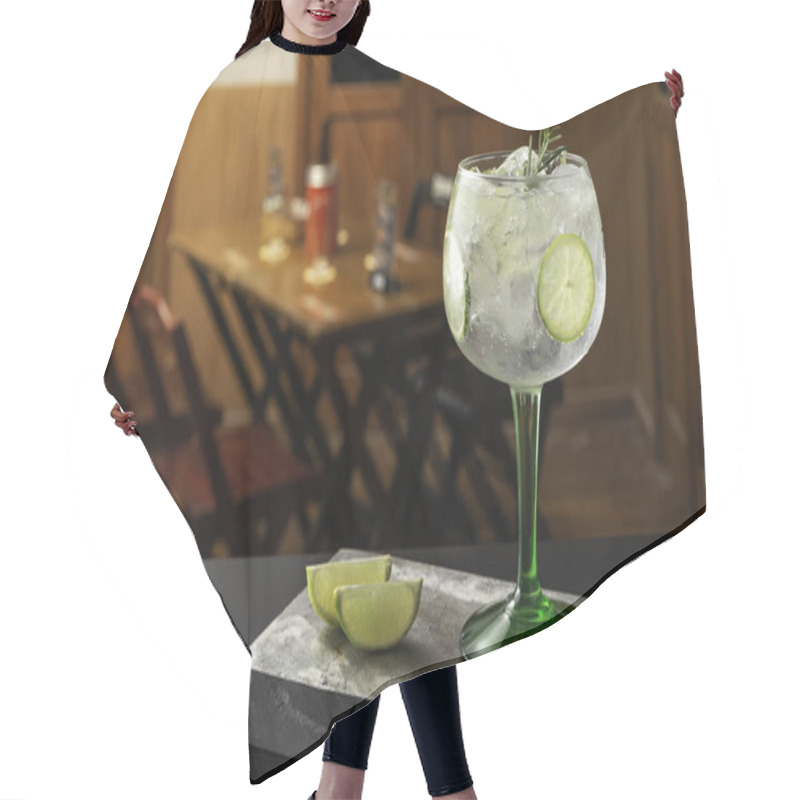 Personality  Gin Tonic Cocktail Is On The Bar. Space For Text. Photo For The Menu. Hair Cutting Cape