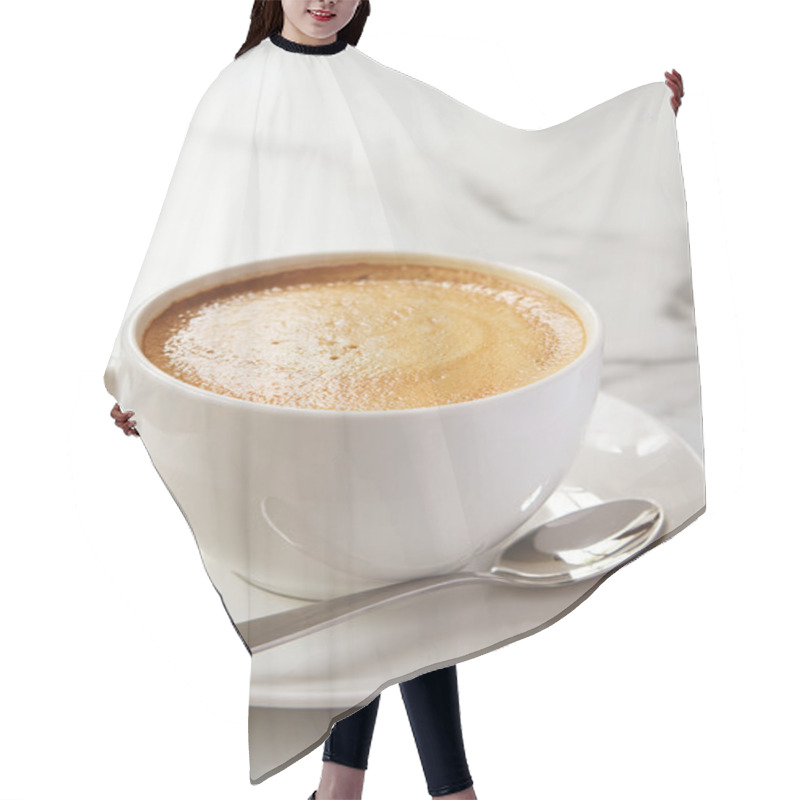 Personality  Cappucino Or Latte Milk Coffee In White Cup And Saucer In A Cafe Hair Cutting Cape