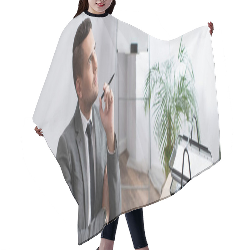 Personality  Thoughtful Trader Holding Pen And Looking Away At Workplace In Office, Banner Hair Cutting Cape