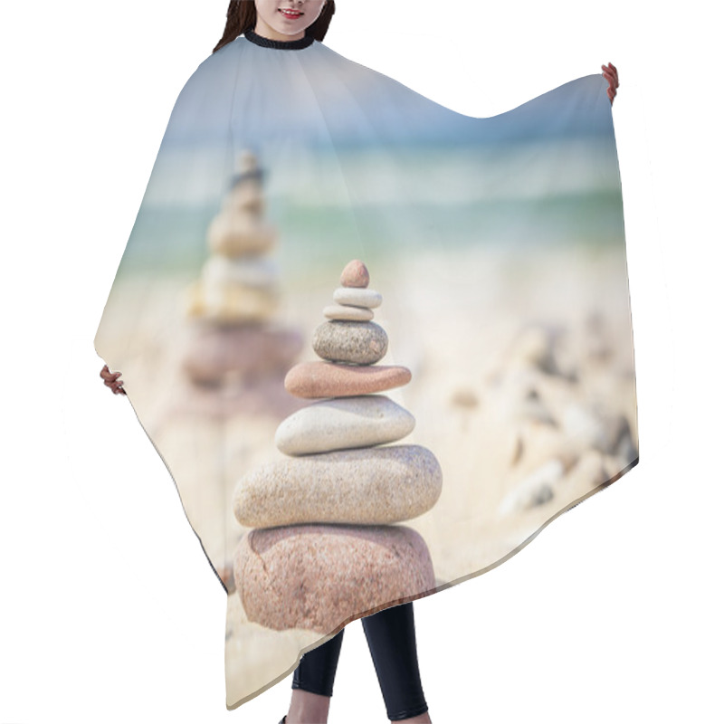 Personality  Balanced Stones Stacked In Pile On A Sand Near Sea Hair Cutting Cape