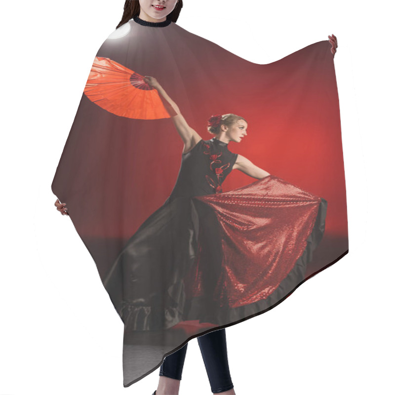 Personality  Elegant Flamenco Dancer Touching Dress And Holding Fan While Dancing On Red  Hair Cutting Cape