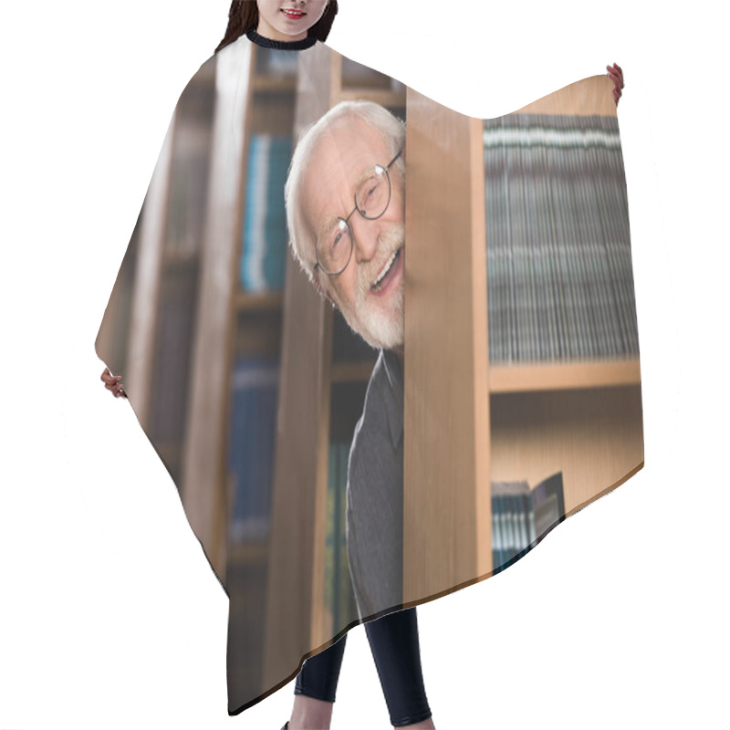 Personality  Happy Grey Hair Librarian Looking Out From Shelf  Hair Cutting Cape