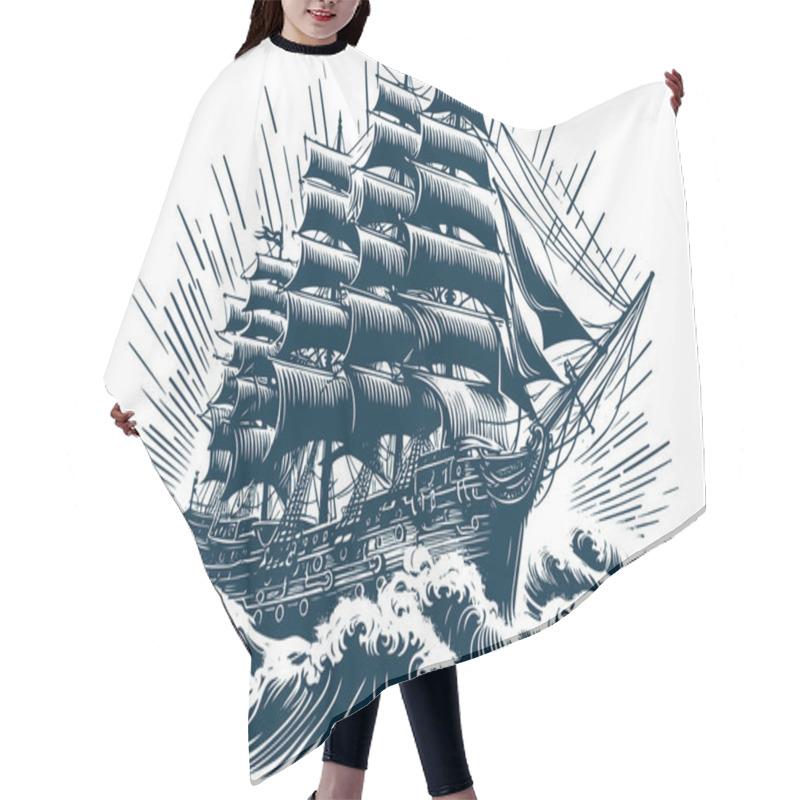 Personality  Vintage Style Vector Illustration Of A Sailing Ship Battling Ocean Waves Created In An Engraved Techniq Hair Cutting Cape