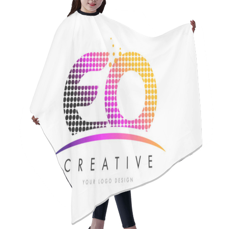 Personality  EO E O Letter Logo Design With Magenta Dots And Swoosh Hair Cutting Cape