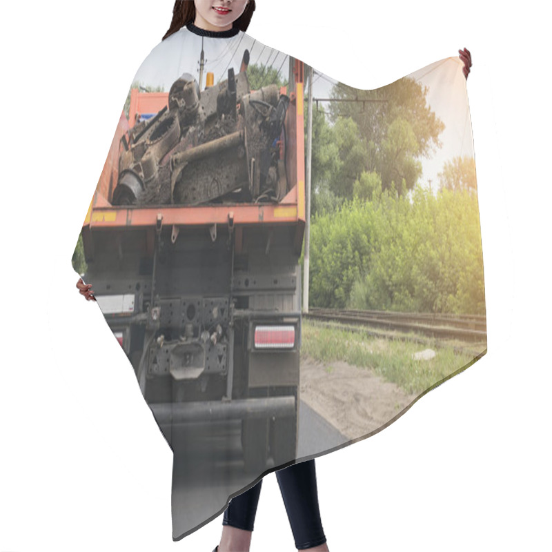 Personality  Rear View Of A Dump Truck Loaded On The Road Laden With Scrap Metal Hair Cutting Cape