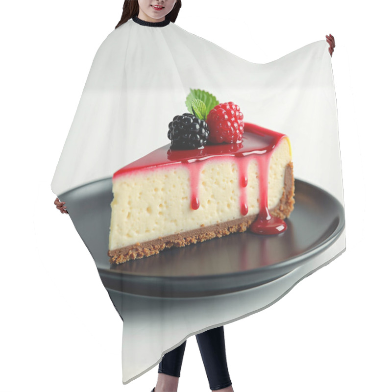 Personality  A Slice Cheesecake With Berries And Raspberries On A Black Plate With Mint Leaf. Created Through AI Hair Cutting Cape