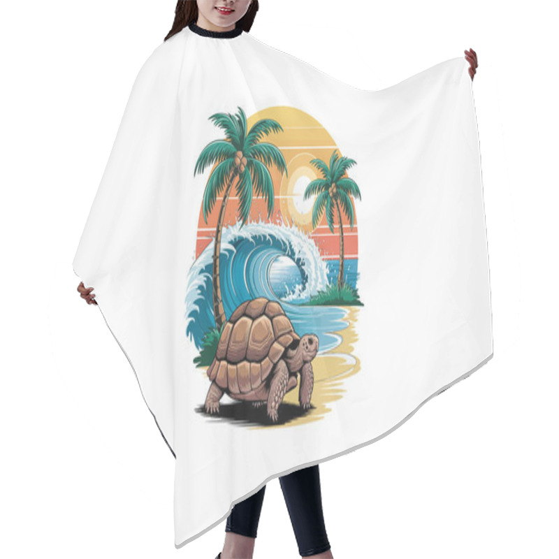 Personality  Tortoise On Tropical Beach With Waves, Palm Trees, Sunset Scene. Hair Cutting Cape