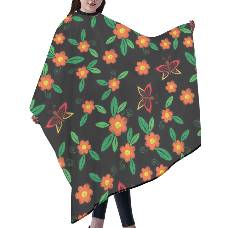 Personality  Seamless Embroidery Pattern With Butterfly And Orange Flower Wit Hair Cutting Cape