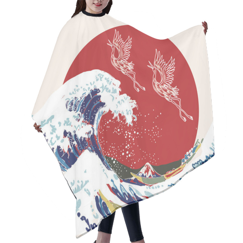 Personality  Japanese Style Background Vector. Storks And Wave Hand Drawing Vector Illustration Hair Cutting Cape