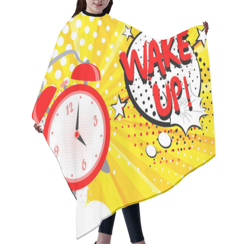 Personality  Vector Illustration Of Alarm Clock Ringing, Wake Up Text On The Background. Bright Cartoon Pop Art Concept In Retro Style. Hair Cutting Cape