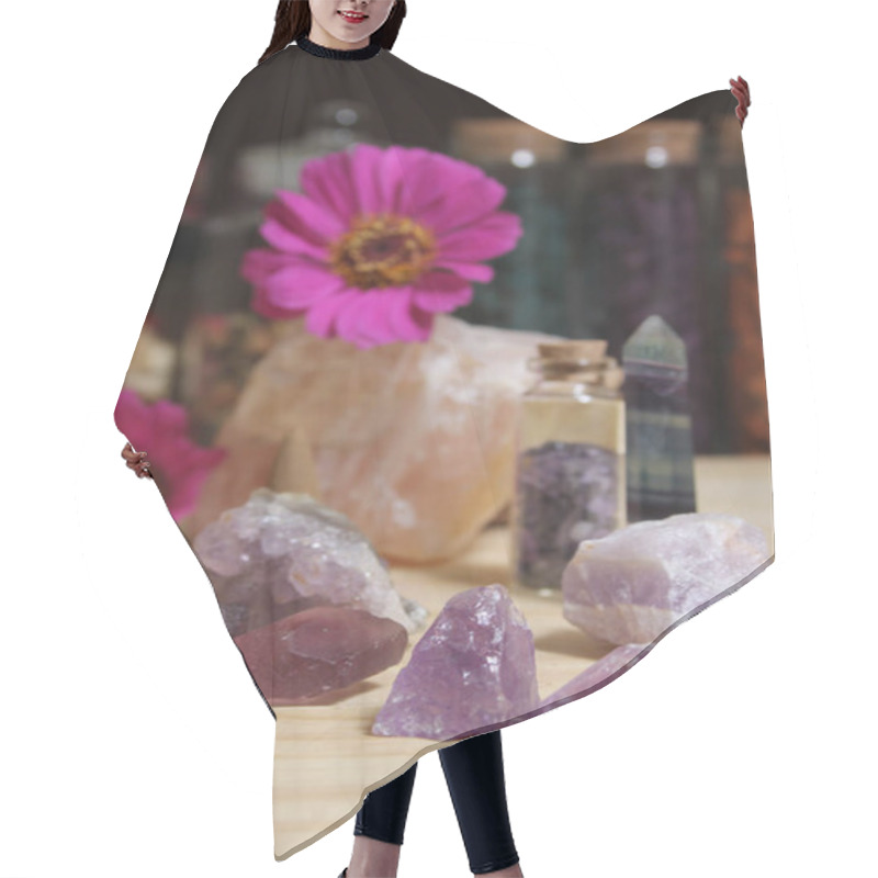 Personality  Amethyst Crystals With Flowers And Incense Cones On Meditation Altar Hair Cutting Cape