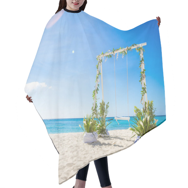 Personality  Wedding Swing Decorated With Flowers On Tropical Sand Beach, Out Hair Cutting Cape