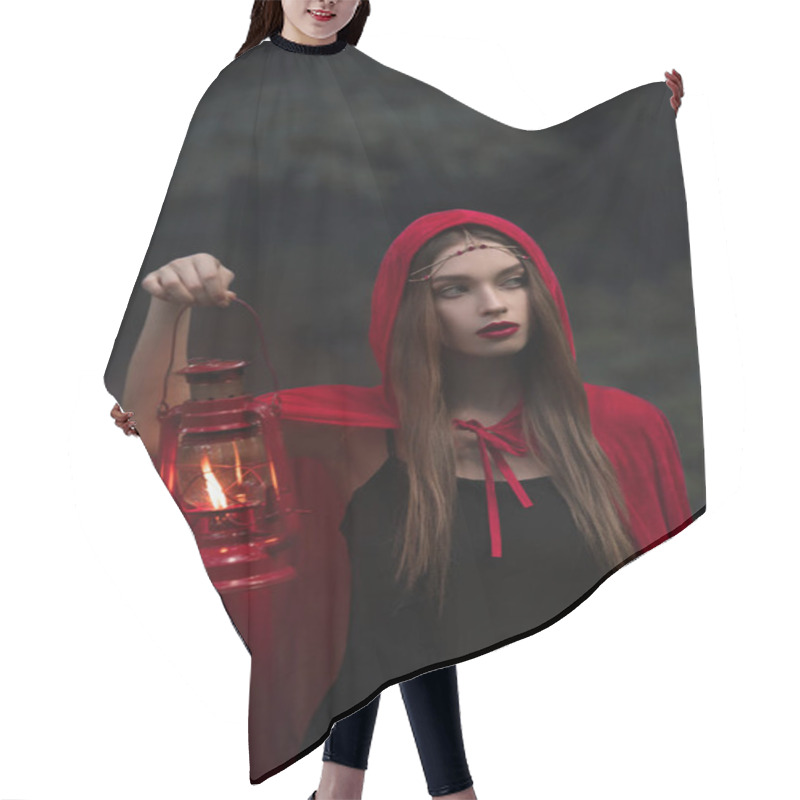 Personality  Attractive Mystic Girl In Red Cloak With Kerosene Lamp Walking In Dark Forest  Hair Cutting Cape