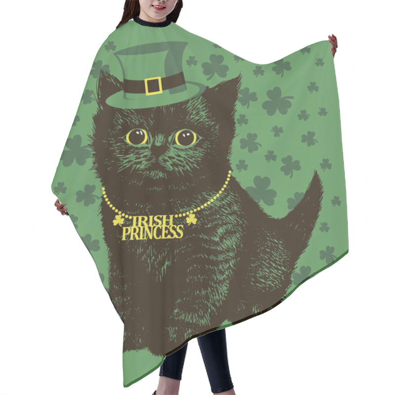 Personality   Fluffy Little Black Kitten In Leprechaun Hat And Irish Beads. Hand Drawn Vector Illustration. St. Patrick's Day Design. Hair Cutting Cape