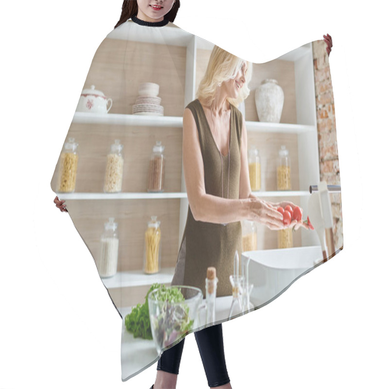 Personality  Happy Middle Aged Woman Standing Next To Countertop With Ingredients And Washing Cherry Tomatoes Hair Cutting Cape