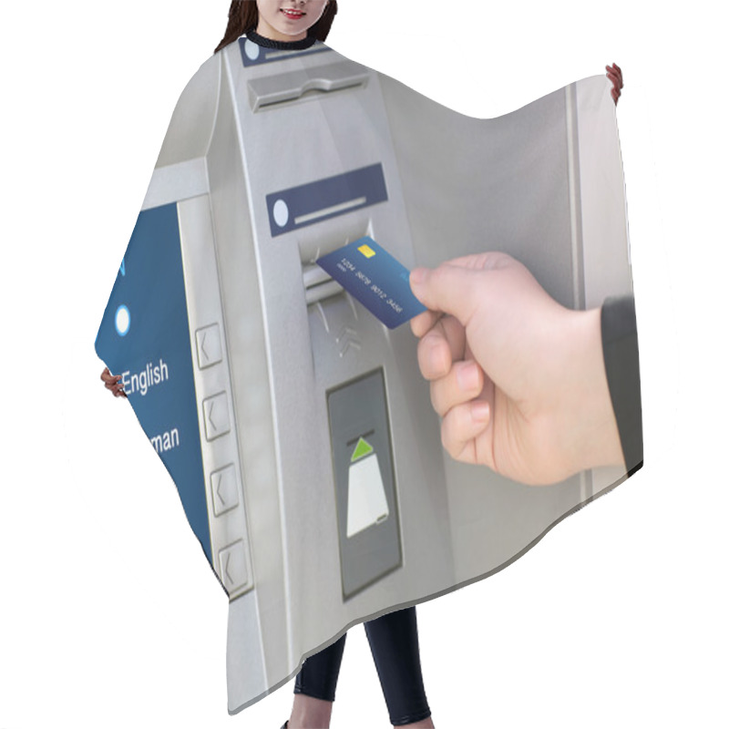 Personality  Men Hand Businessman Puts Credit Card Into ATM Hair Cutting Cape