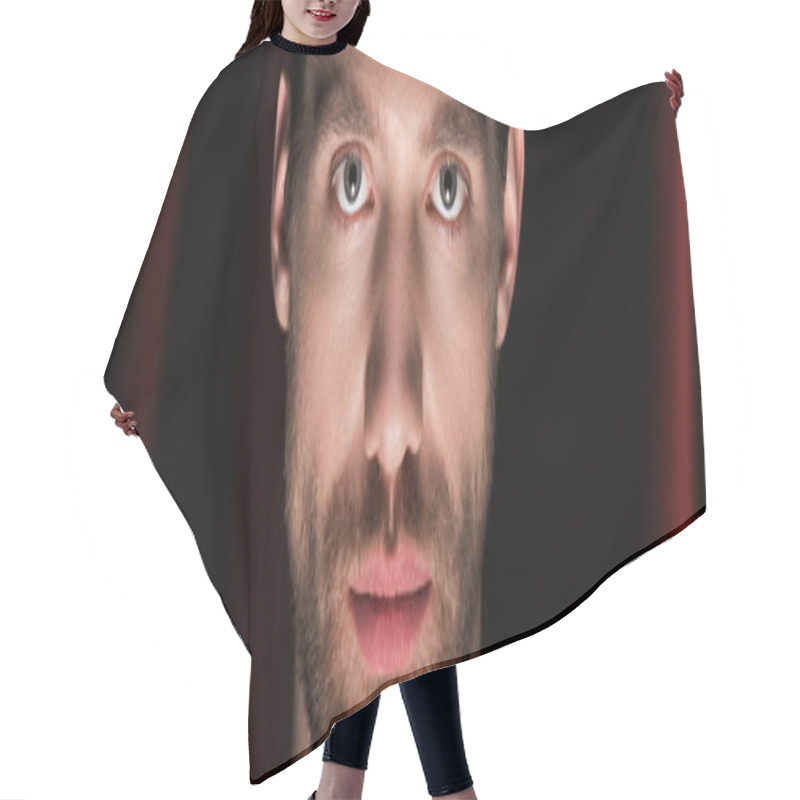 Personality  Panoramic Shot Of Handsome Bearded Man With Red Curtains Behind Hair Cutting Cape