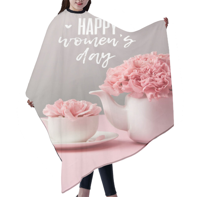 Personality  Pink Carnation Flowers In Cup And Teapot On Grey Background With Happy Womens Day Lettering Hair Cutting Cape