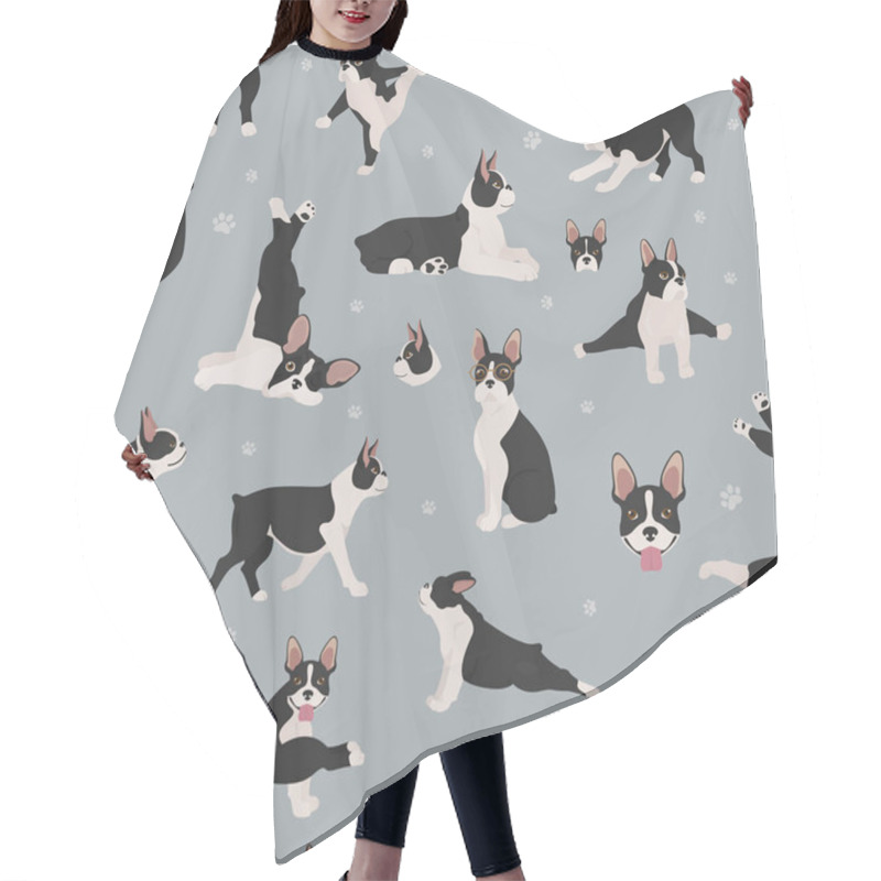 Personality  Boston Terrier Seamless Pattern. Dog Healthy Silhouette And Yoga Poses Background.  Vector Illustration Hair Cutting Cape