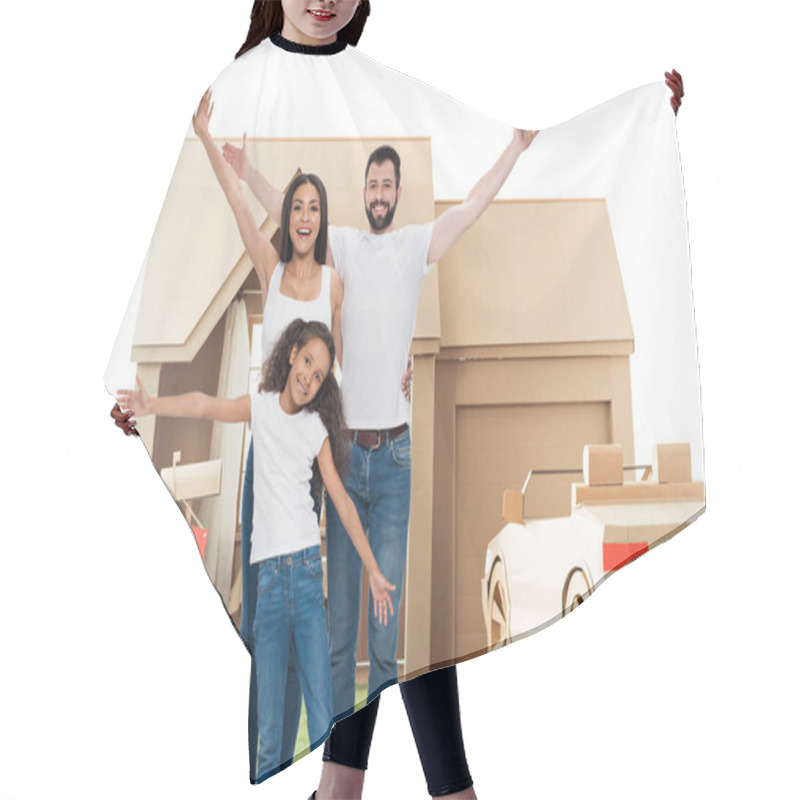 Personality  Happy Multi Ethnic Family With Raised Hands In Front Of New Home Hair Cutting Cape