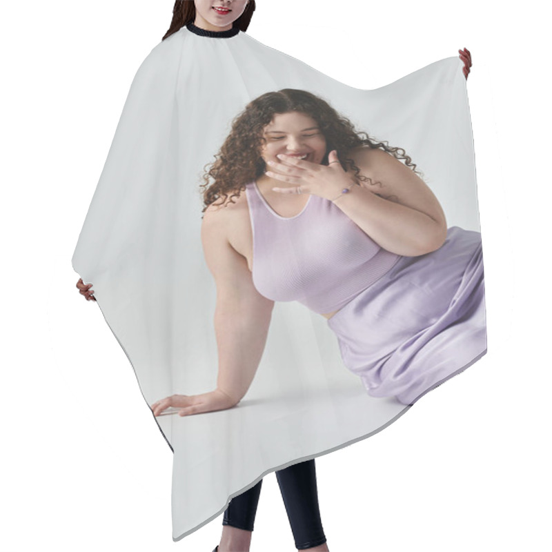 Personality  A Stunning Plus Size Woman Elegantly Dressed In Lavender Shares A Joyful Moment Of Laughter. Hair Cutting Cape