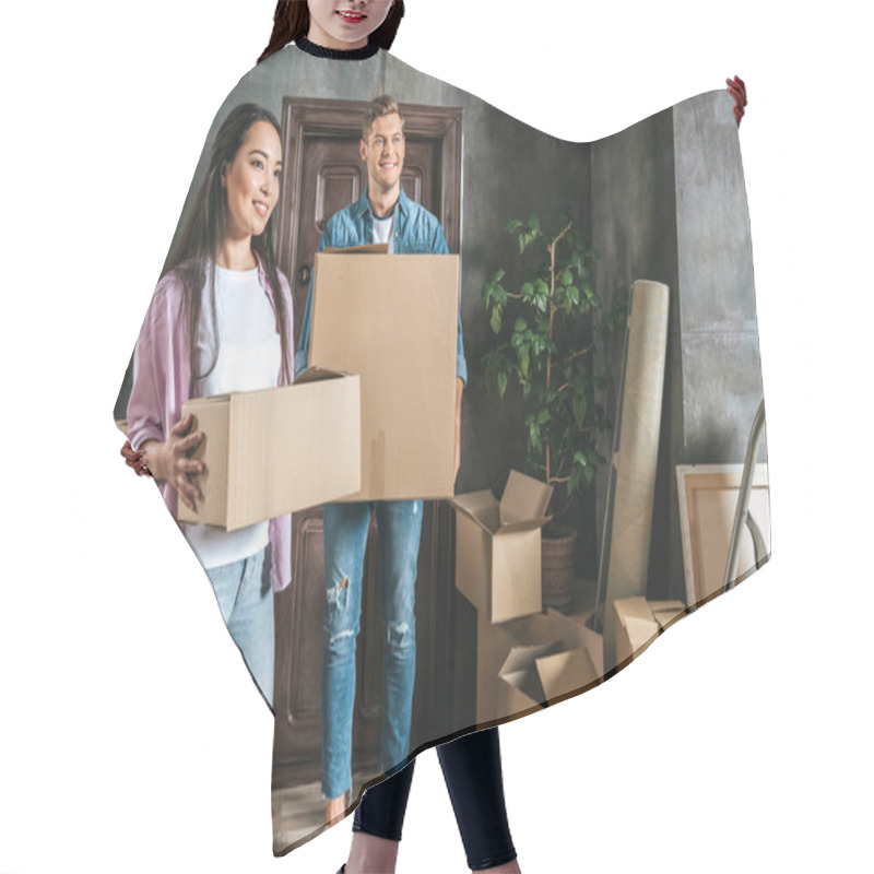 Personality  Beautiful Young Couple With Boxes Moving Into New Home Hair Cutting Cape