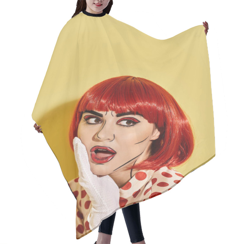 Personality  A Pretty Woman With Red Hair And Pop Art Makeup Wears A Polka Dot Dress Against A Yellow Background. Hair Cutting Cape