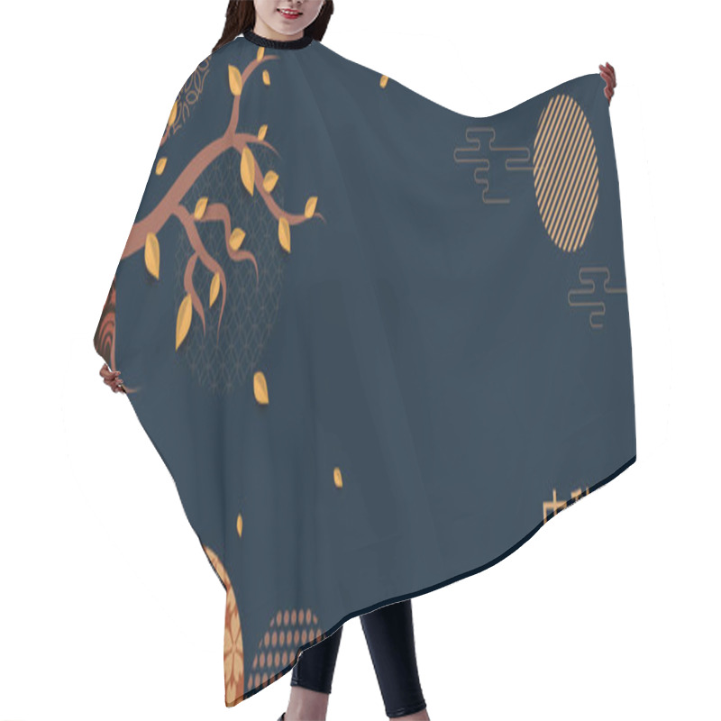 Personality  Abstract Cards, Banner Design With Traditional Chinese Circles Patterns Representing The Full Moon, Chinese Text Happy Mid Autumn, Gold On Dark Blue. Vector Illustration Hair Cutting Cape