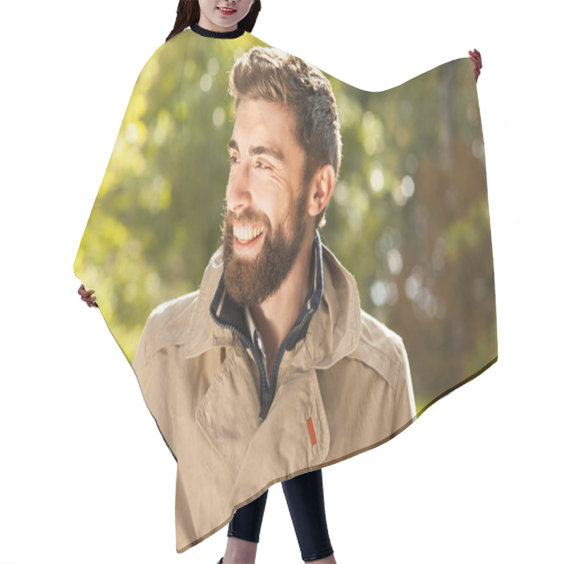 Personality  Smiling Handsome Young Man Outdoor. Hair Cutting Cape