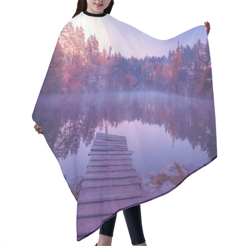 Personality  Magical Sunrise Over The Lake. Pine Trees On The Lakeshore. Serene Lake In The Early Morning. Nature Landscape Hair Cutting Cape