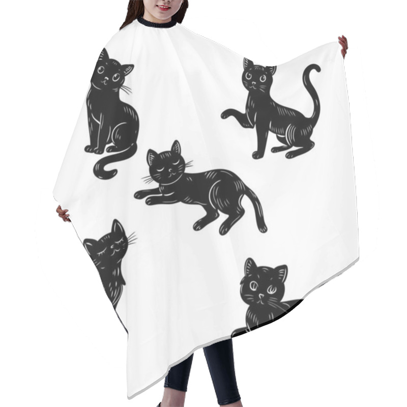 Personality  Cartoon Funny Black Cats. Black Cats In Various Poses On A White Background. Hair Cutting Cape