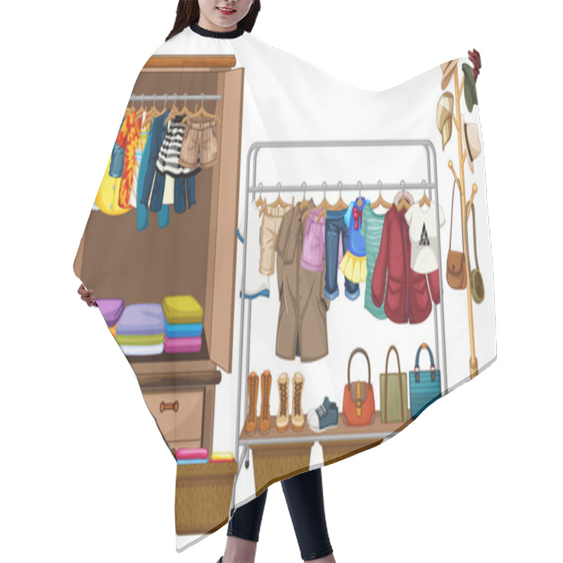 Personality  Clothes Hanging In Wardrobe With Accessories And Clothes Rank On White Background Illustration Hair Cutting Cape