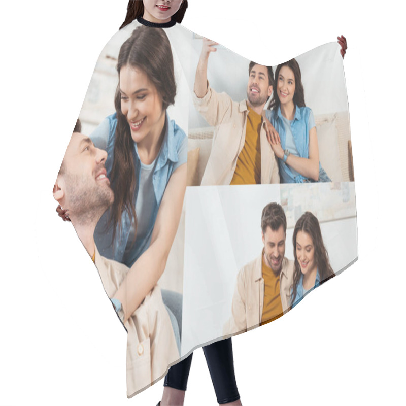 Personality  Collage Of Smiling Couple Embracing And Using Digital Devices On Couch  Hair Cutting Cape