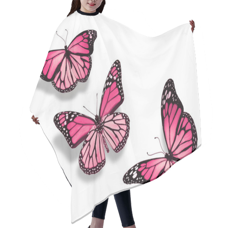 Personality  Three Pink Butterflies, Isolated On White Background Hair Cutting Cape