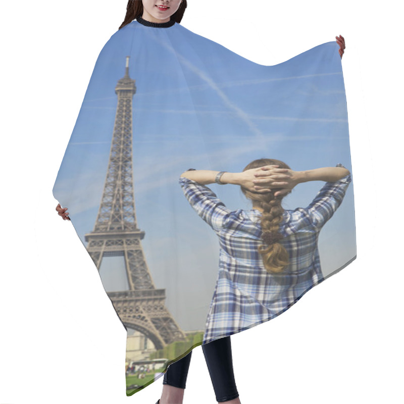 Personality  Beautiful Happy Woman In Front Of Paris Eiffel Tower Hair Cutting Cape