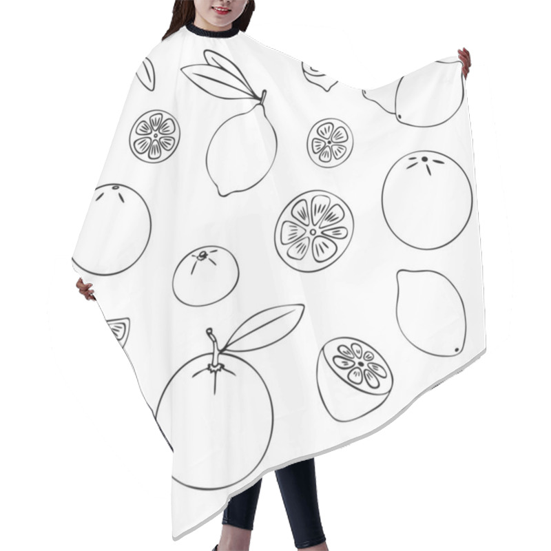 Personality  Citrus Doodle Set. Various Citrus Fruits, Oranges, Mandarins, Lemons, Limes Etc. Half, Whole, Slices. Black Hand-drawn Contour Isolated On A White Background. Menus, Coloring Books, Web Design, Prints Hair Cutting Cape