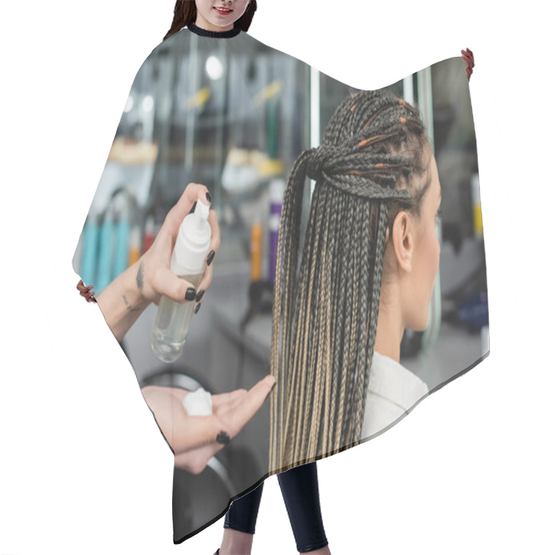 Personality  Client Satisfaction, Hair Product, Tattooed Hairdresser With Styling Foam In Hand, Woman With Braids In Salon, Bottle, Beauty Worker, Salon Customer, Beauty Worker, Hair Professional  Hair Cutting Cape