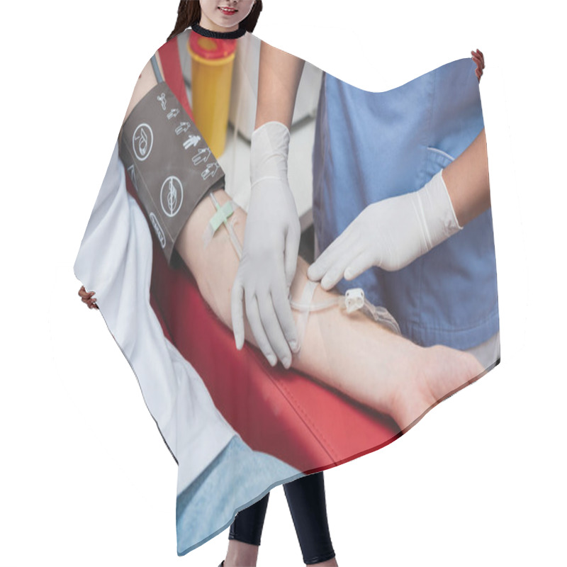 Personality  Cropped View Of Multiracial Healthcare Worker In Latex Gloves Sticking Band-aid On Arm Of Volunteer With Blood Pressure Cuff And Transfusion Set In Medical Laboratory Hair Cutting Cape