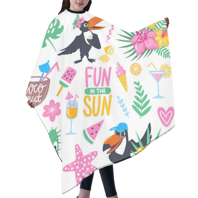 Personality  Vector Summer Set With Cartoon Toucan, Monstera, Tropical Leaves Hair Cutting Cape