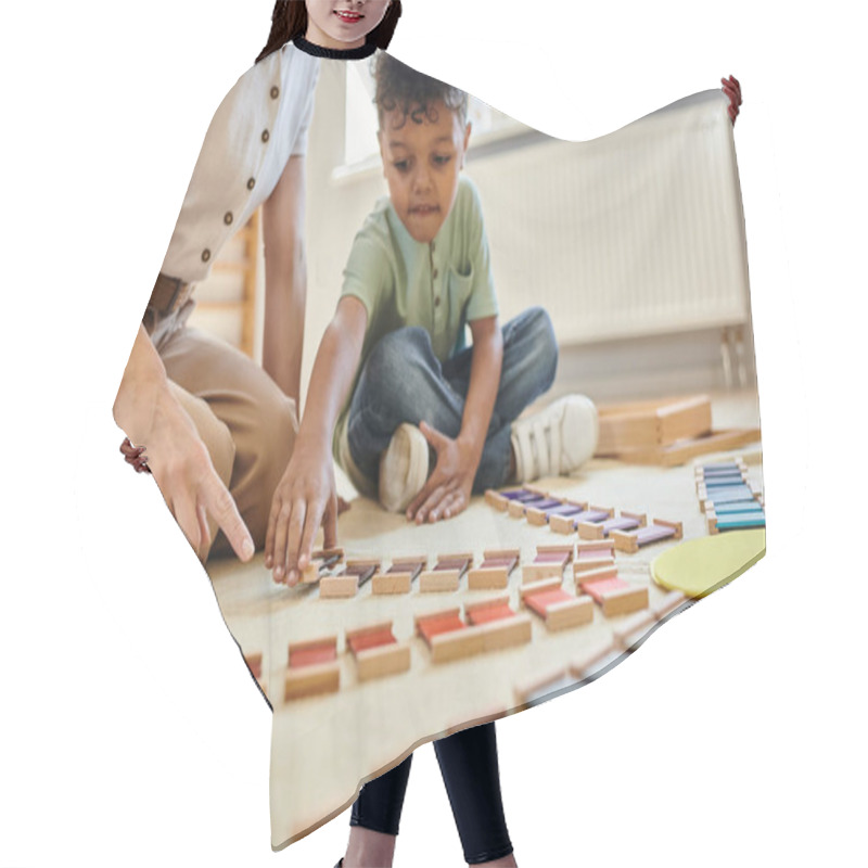 Personality  Montessori Material, Smart African American Boy Playing Educational Game Near Teacher, Colorful Hair Cutting Cape