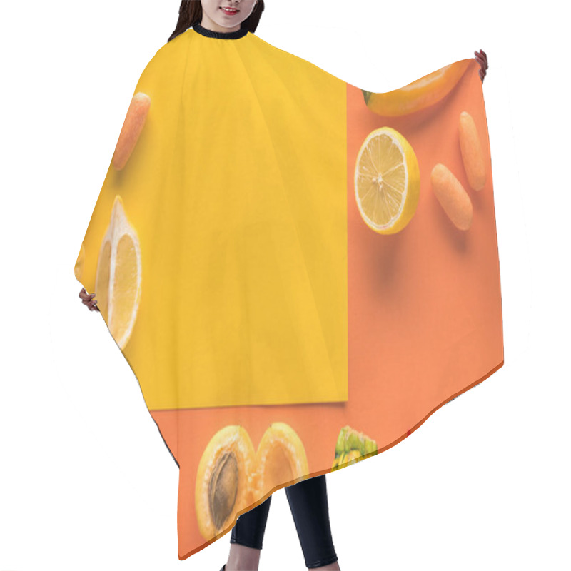 Personality  Top View Of Delicious Fruits And Vegetables On Yellow And Orange Background With Copy Space Hair Cutting Cape