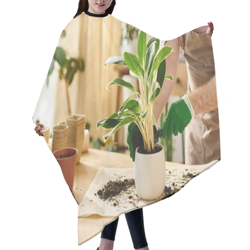 Personality  A Person In An Apron Tenderly Adds Soil To A Potted Plant In A Plant Shop, Embodying The Care And Dedication Of A Small Business Owner. Hair Cutting Cape