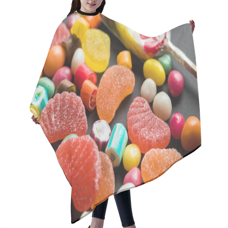 Personality  Selective Focus Of Delicious Caramel And Jelly Sweets On Black Background Hair Cutting Cape