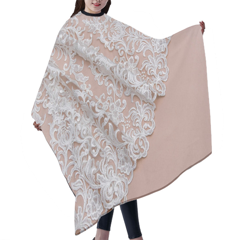 Personality  Texture Lace Fabric. Lace On White Background Studio. Thin Fabric Made Of Yarn Or Thread. A Background Image Of Ivory-colored Lace Cloth. White Lace On Beige Background. Hair Cutting Cape